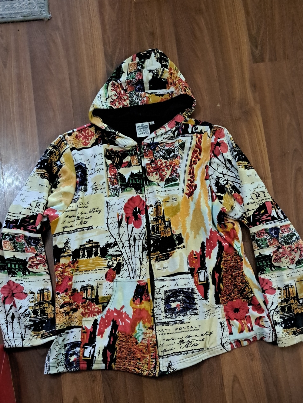 Parsley & Sage Black Hoodie with Yellow and Red Floral Accents